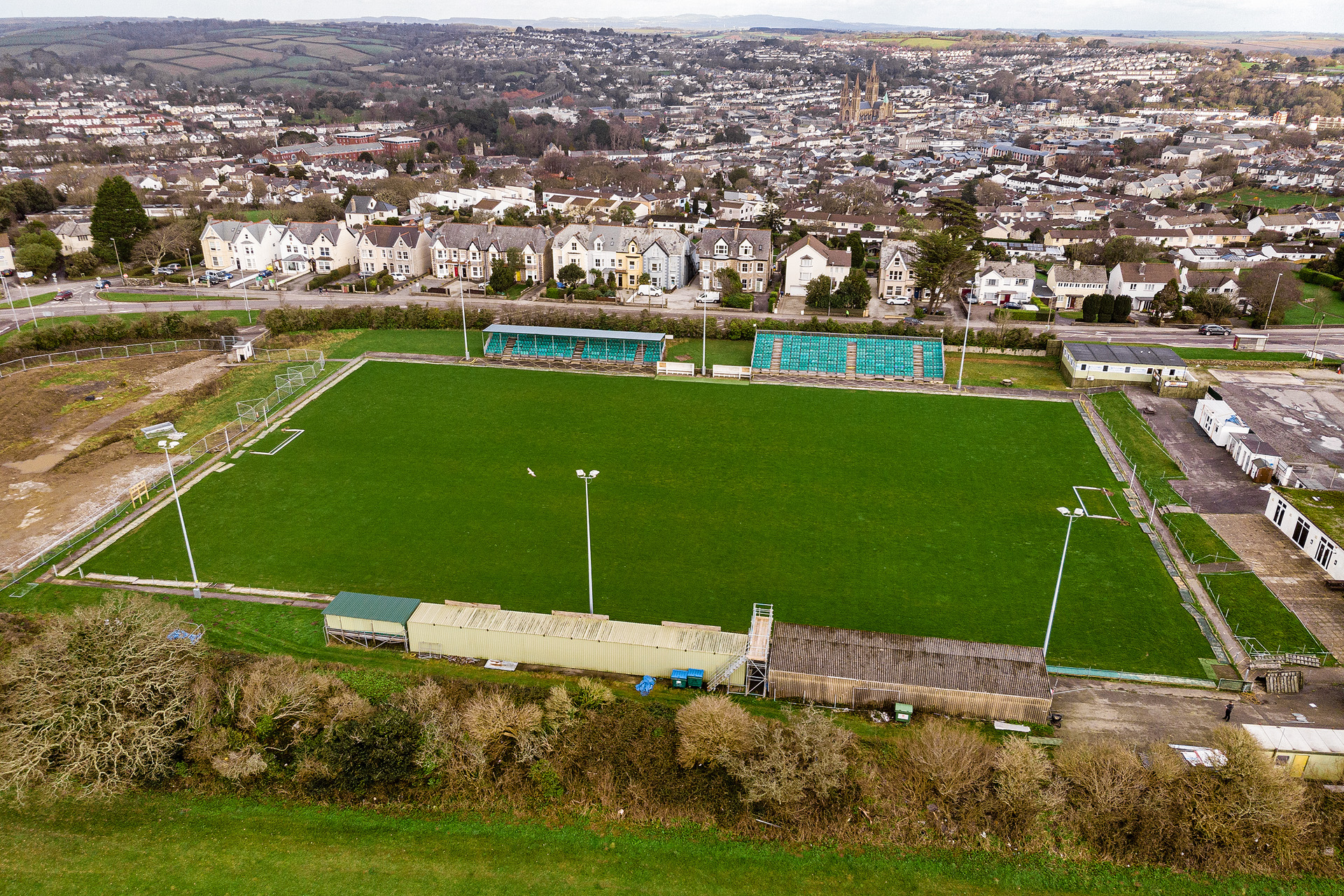 Aerial view of Truro's former football ground and the surrounding city